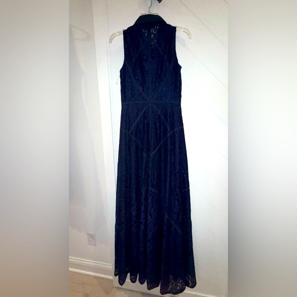 Aidan Mattox sz 4 twilight blue floor length lace gown dress buttons collar $700 - Picture 12 of 16